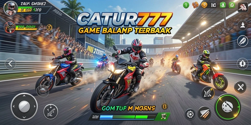 Screenshot gameplay CATUR777 menampilkan aksi balap motor yang seru dan menegangkan.
