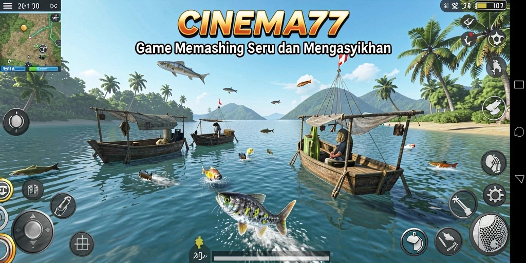 Tampilan gameplay CINEMA77 yang menampilkan momen menangkap ikan.