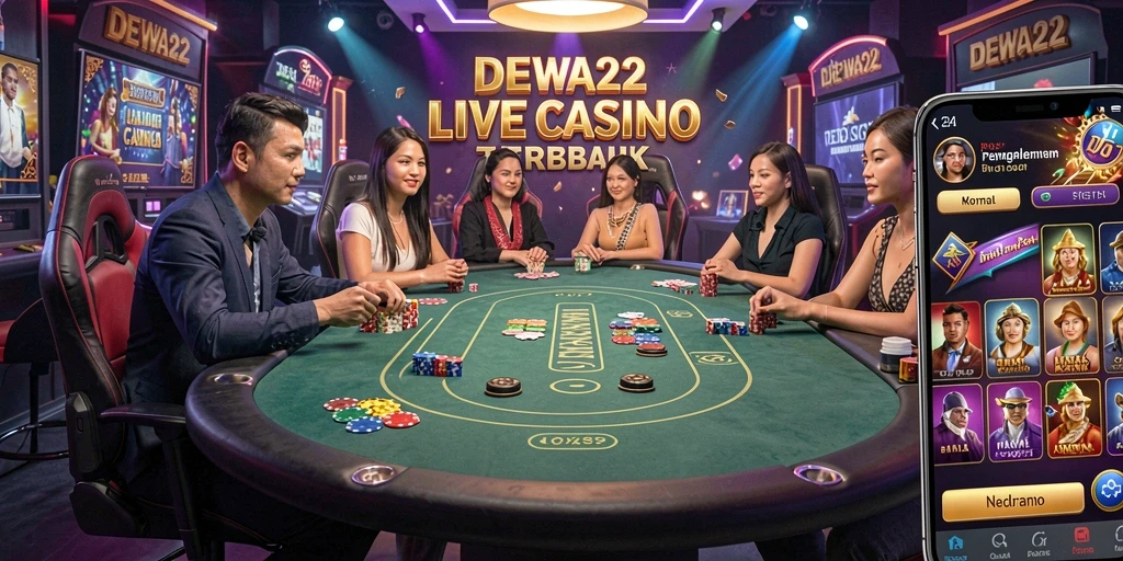 Screenshot gameplay DEWA22 menampilkan dealer langsung dan suasana kasino yang mendebarkan.