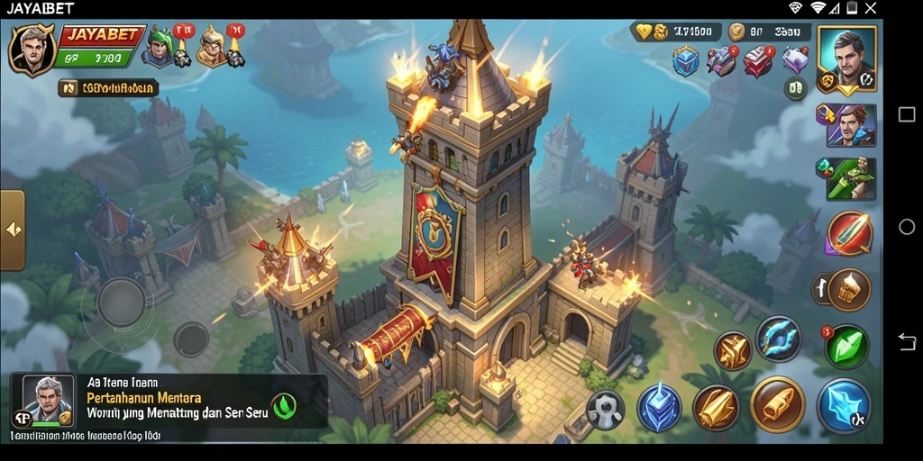 Gameplay JAYABET menunjukkan menara melawan gelombang musuh dalam pertahanan yang menegangkan.
