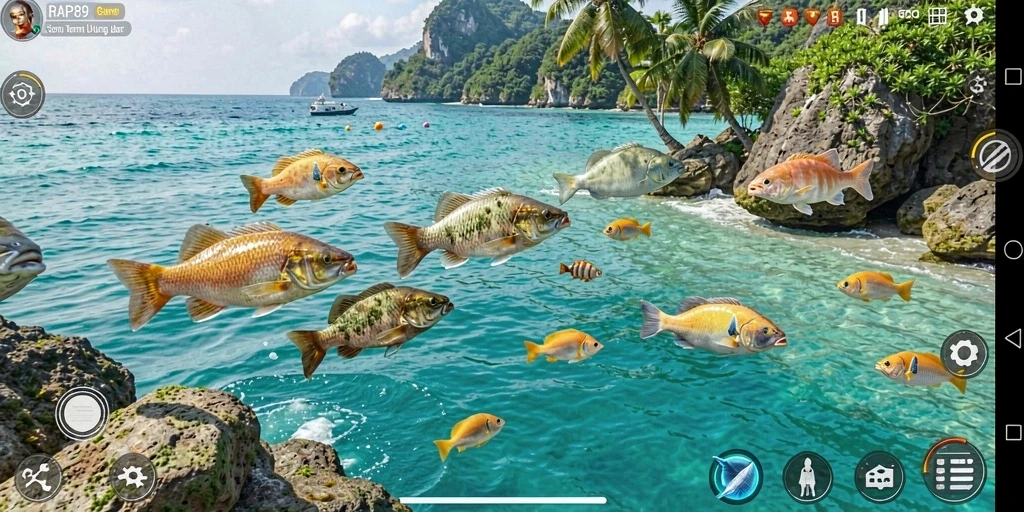 Screenshot gameplay seru RAP89 dengan ikan yang berwarna-warni.