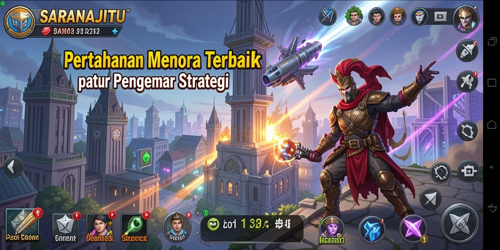Tampilan gameplay menantang di SARANAJITU dengan menara pertahanan strategis.
